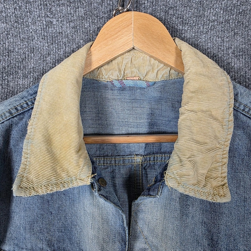 Free People L Sirius Upcycled Denim Plaid Jacket Crochet Evil Eye Jean Flannel - Picture 8 of 12